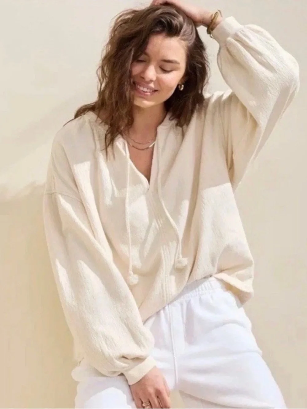 EUC Aerie Easy Street Boho Cream Lightweight Pullover Size Large - Picture 1 of 5